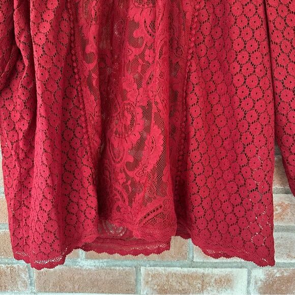 Torrid Mixed Lace High Neck Blouse Women’s 2 2XL Red Long Sleeves NEW - Picture 4 of 12